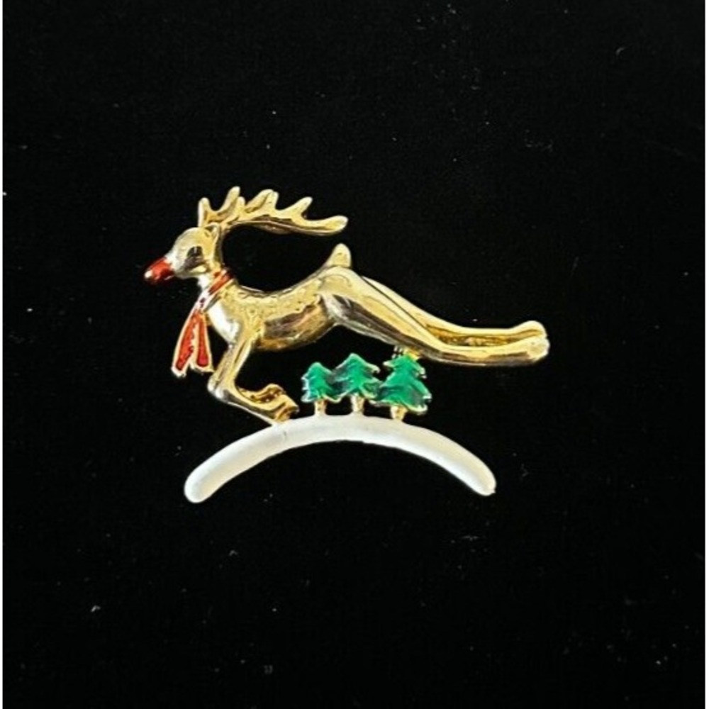 Vintage Christmas Gold Tone Rudolph Flying Reindeer Pin Brooch Teacher EUC